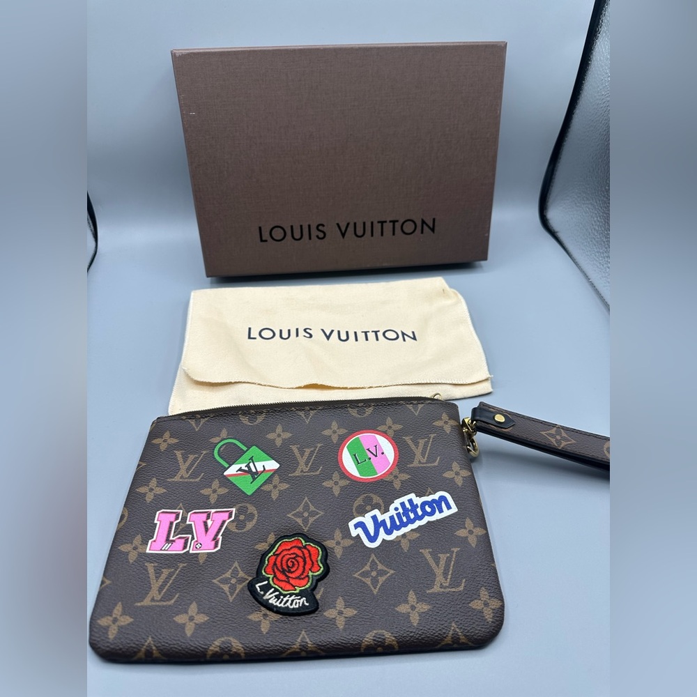 Louis Vuitton Brown Monogram Wristlet with Colorful Patches